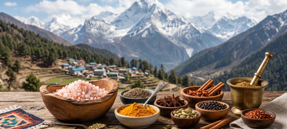 Variedad de especias del Himalaya en cuencos de madera - Restaurante The Everest Dénia